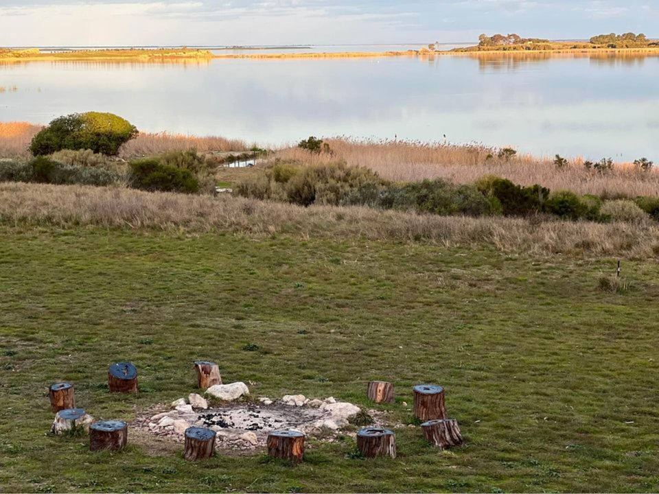 Fire circle on the lawn above the lake